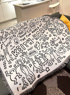 凯斯哈林黑白涂鸦大师Keith haring装饰挂毯沙发床盖毯毛毯针织毯
