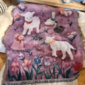 小羊咩咩手绘插画线毯沙发垫巾盖布空调盖毯客厅装 饰毯子油画挂毯