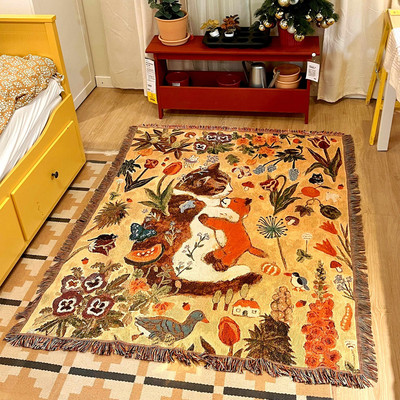 油画卡通猫咪午睡线毯单人沙发毯座椅盖毯儿童房装饰墙布棉线挂毯