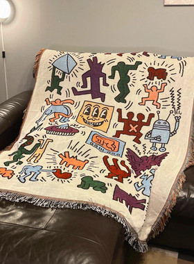 Keith haring涂鸦沙发毯露营复古装饰挂毯盖毯床毯毛毯针织毯挂布