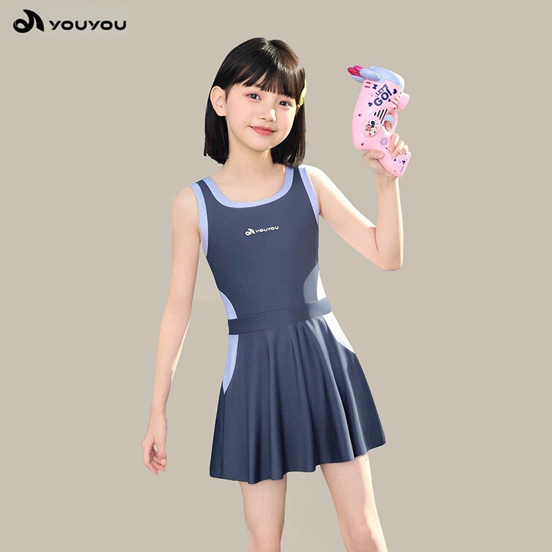 佑游儿童泳衣女童新款防晒吊带裙式连体初中生夏季泡温泉专业泳装