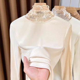 保暖叠穿内搭打底衫 女时尚 磨毛通勤风高领蕾丝拼接长袖 早秋新款