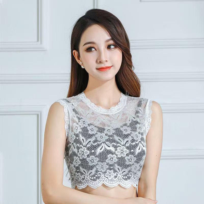 女蕾丝圆领半身薄纱短款打底衫