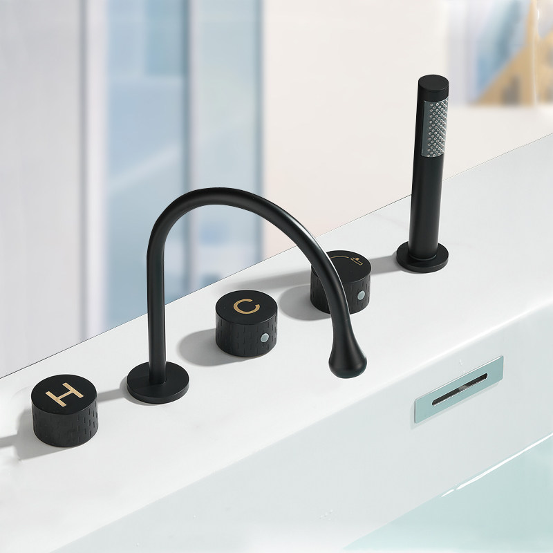 酒店浴缸边龙头枪灰色分体民宿浴室五件套龙头拉丝金五孔抽拉花洒