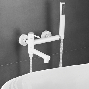 浴缸龙头可折叠下出水旋转铜浴室淋浴白色简易花洒套装加长入墙式