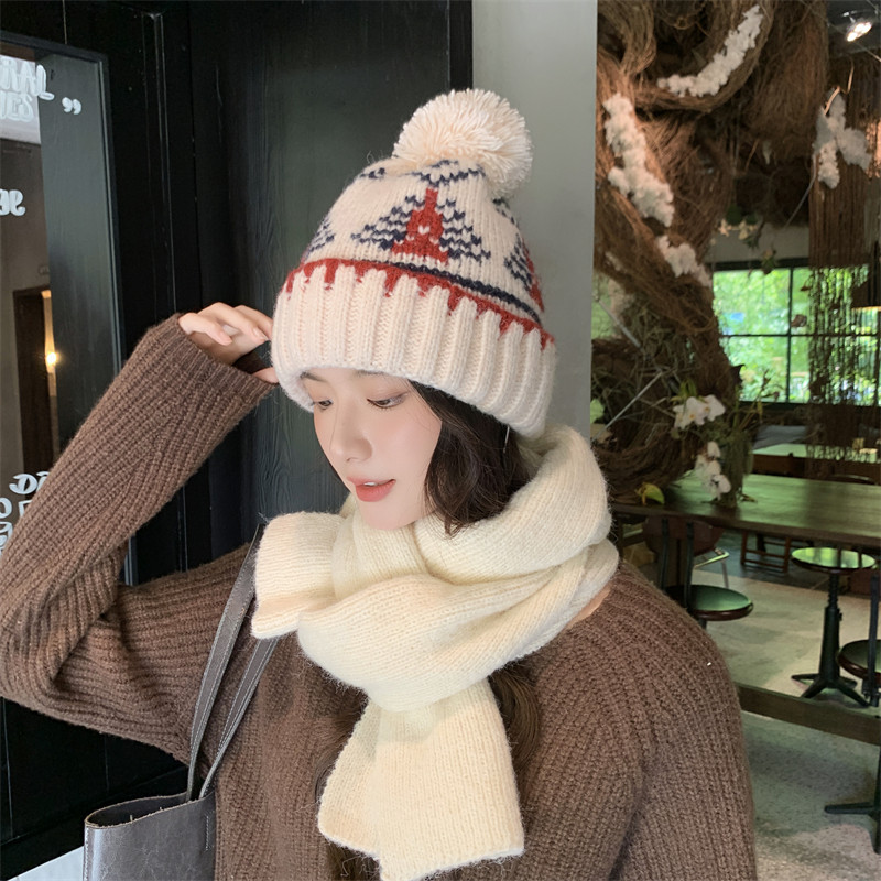 费尔岛风复古保暖针织帽子女圣诞毛线帽百搭显脸小提花单球帽