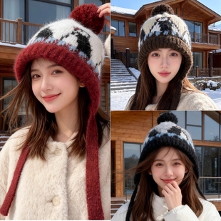 费尔岛风企鹅针织帽子女2025冬季新款保暖护耳毛线帽冬季包头帽子