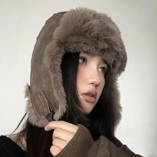 冬季皮质复古雷锋帽女户外加厚防寒毛绒帽男骑车显脸小护耳棉帽