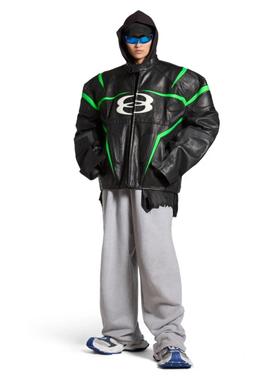 巴黎24SS秀款双环外骨骼黑绿拼接机车护具皮衣欧美风骑行外套