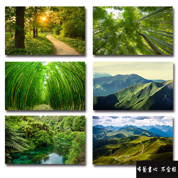 自沾墙贴 绿色山脉 竹林风景背景墙 田园草地海报墙壁挂画打印
