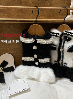 INS新款马尔济斯狗狗小香风长袖毛衣秋冬猫咪黑白格宠物针织衫