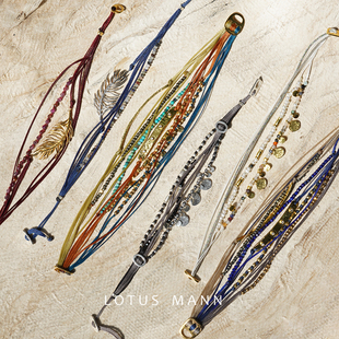 羽翼.多款锤纹 银镀金 天然彩尖晶石珍珠编绳多层手链