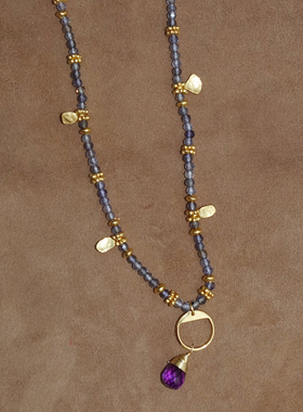 二月生辰.宝石级堇青石紫水晶捶打金片串珠项链Lotus Mann