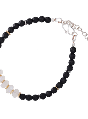 Moonstone.白月光石925银与黑玛瑙单圈纯银镀金小小系列手链lotus