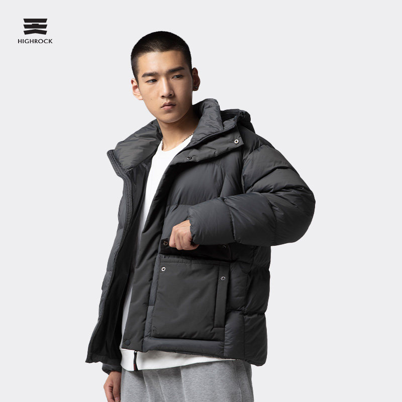 天石Highrock冬季加厚鹅绒羽绒服男士短款宽松面包服连帽外套v077