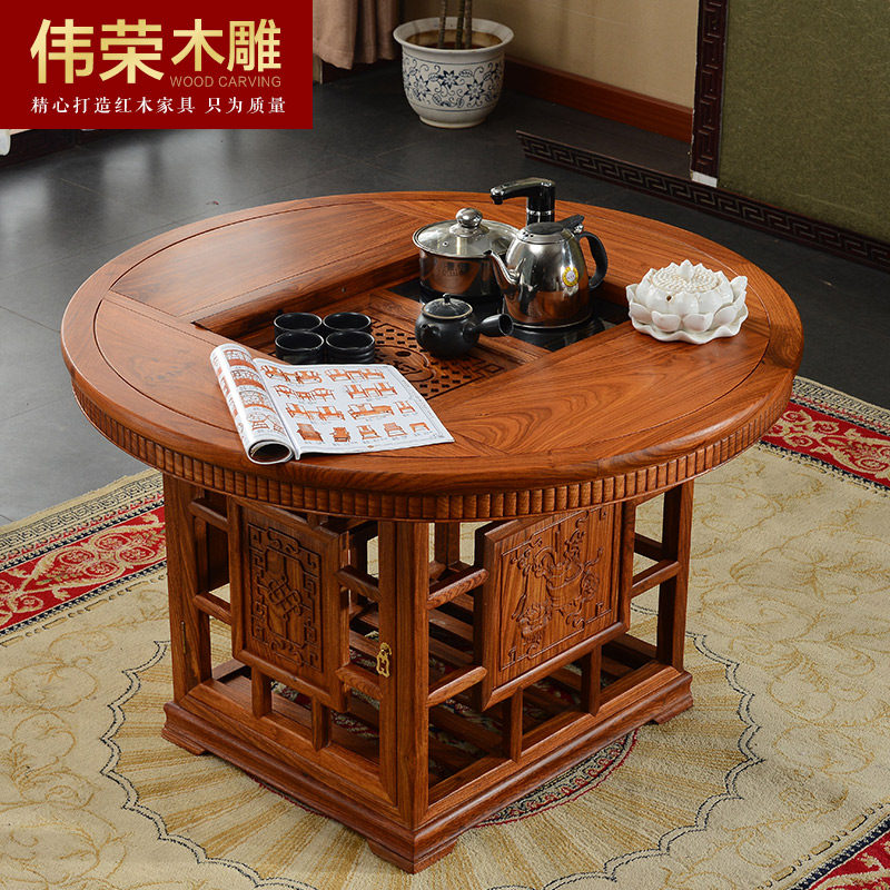 红木家具刺猬紫檀圆形茶桌椅组合中式实木圆茶台阳台喝茶桌圆凳