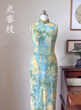 媚爷原创自制新款点春枝无袖修身薄纱旗袍复古气质新中式连衣裙