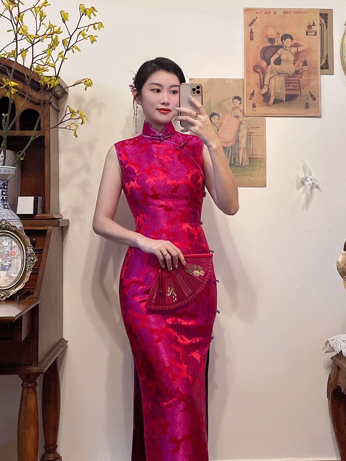 媚爷原创新款红色系真丝无袖旗袍手工复古婚礼新娘敬酒服中式礼服