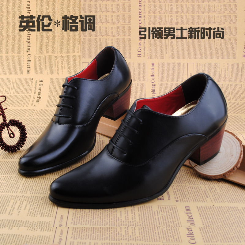 欧美粗跟高跟鞋春秋高跟系带休闲潮鞋男韩版增高英伦尖头男士皮鞋