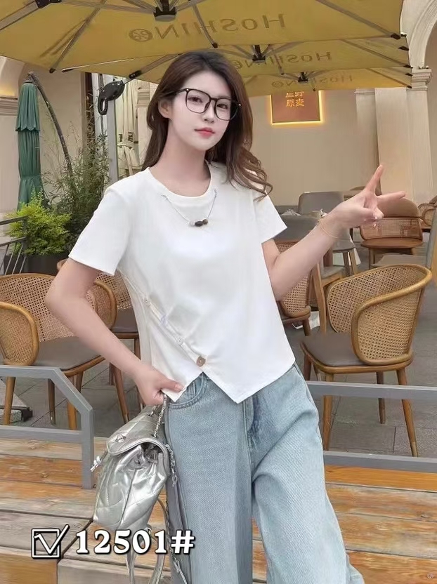 圆领短袖T恤女短款2025年夏季新款设计感下摆不规则修身白色上衣