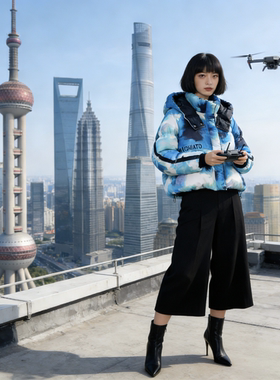 Awake girl美少女品牌羽绒服女短款连帽加厚保暖运动个性扎染外套