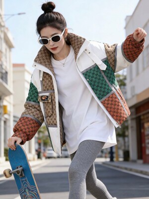 Awake girl美少女潮牌立领连帽花色撞色加厚保暖白鸭绒羽绒服外套