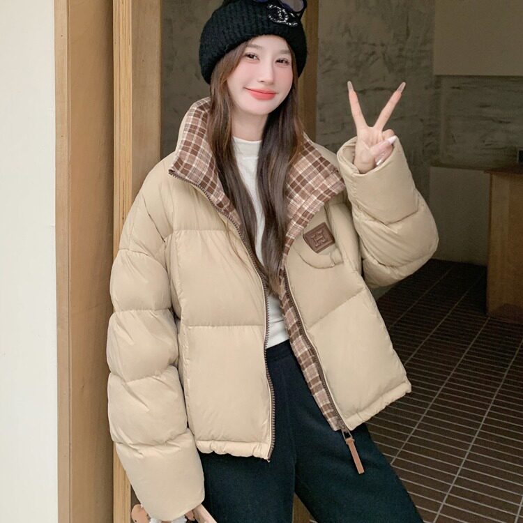 格子拼接学院风立领羽绒棉服女冬季2025年新款短款小个子面包服
