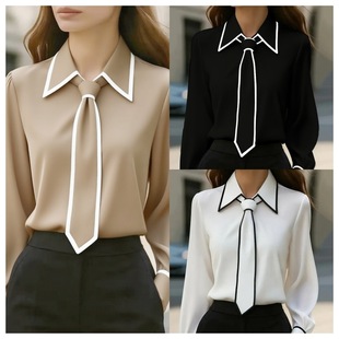 Solid-color Commute Tie-neck Long-sleeve Blouse for Women