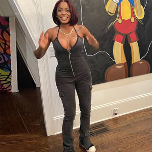 denim ins性感露背系带拉链牛仔连体裤 zipper jumpsuit 女women