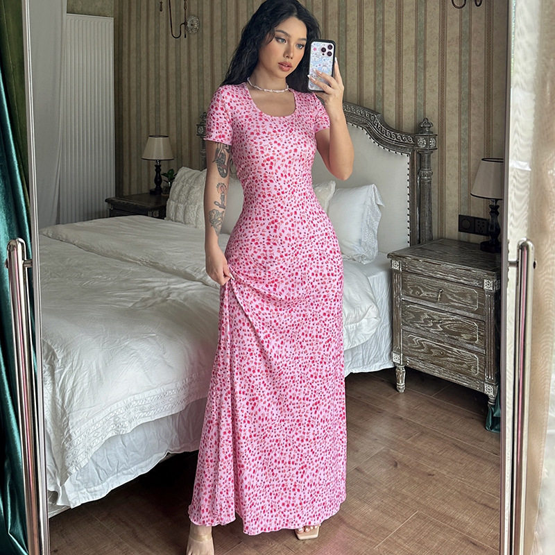 Women's&nbsp;dress 欧美女装2024时尚印花U领后背绑带短袖碎花连衣裙