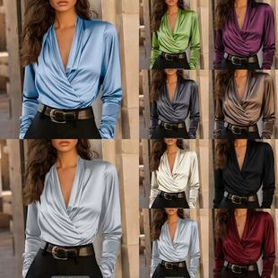 Women's V-neck Blouse2026欧美女装职业气质缎面V领设计百搭上衣