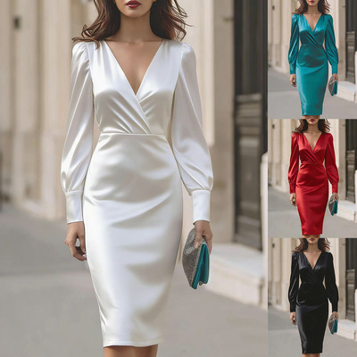 春秋V领收腰缎面长袖连衣裙