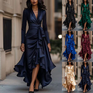 Ruffle Satin Waisted neck Dress欧美缎面V领收腰荷叶边连衣裙