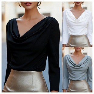 2026欧美女装 Tops 春季 新款 女 Women 纯色垂感褶皱V领上衣衬衫