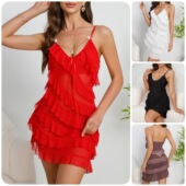 Women V领微透网纱睡裙多层荷叶边性感短裙 nightdress mesh