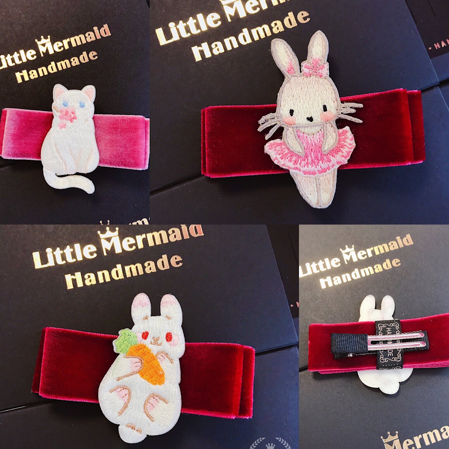 小人鱼手作少女儿童发饰日本丝绒刺绣小兔小猫狐狸独角兽发夹头饰