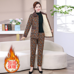 中老年女碎花加绒棉衣保暖棉裤 加厚保暖两件套棉袄套装 冬装 妈妈装