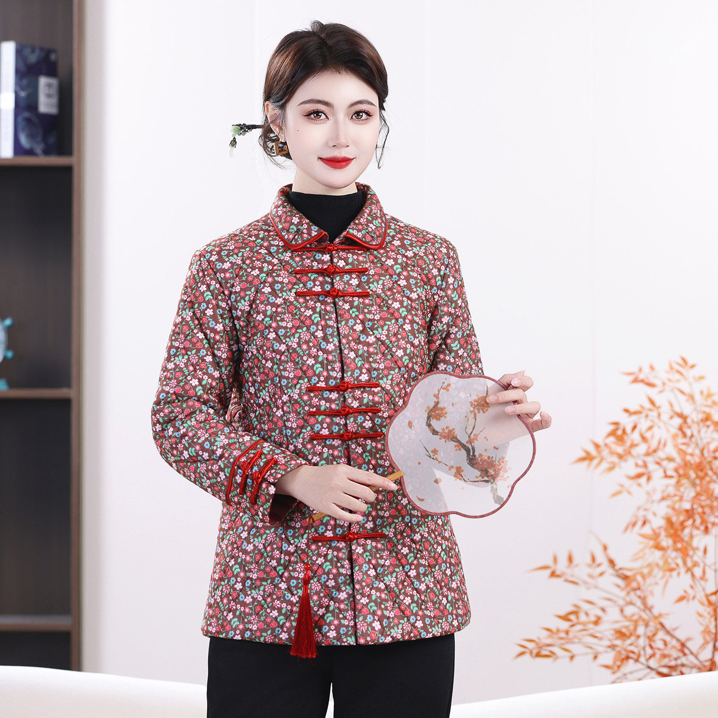 国风复古棉袄女唐装印花棉服冬季新款妈妈装盘扣长袖翻领洋气棉衣