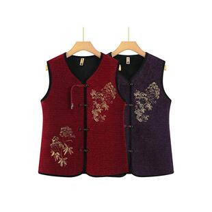 中老年女士红色与紫色绣花马甲春秋新款大码保暖内搭外套