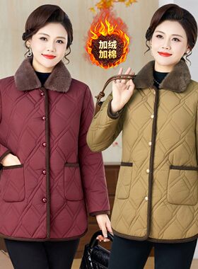 妈妈冬季毛领包边羽绒棉加绒保暖棉服中老年女装休闲棉衣宽松棉袄