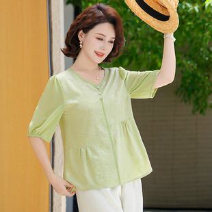 中老年高贵衬衫 妈妈夏装 50上衣女 洋气2026新款 t恤小衫 新中式 短袖
