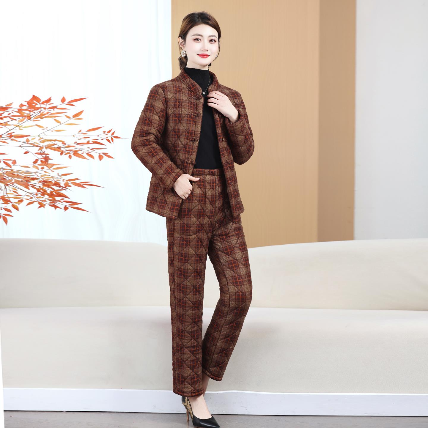 国风妈妈装冬季棉衣棉裤套装女加绒加厚盘扣棉袄中老年保暖睡衣