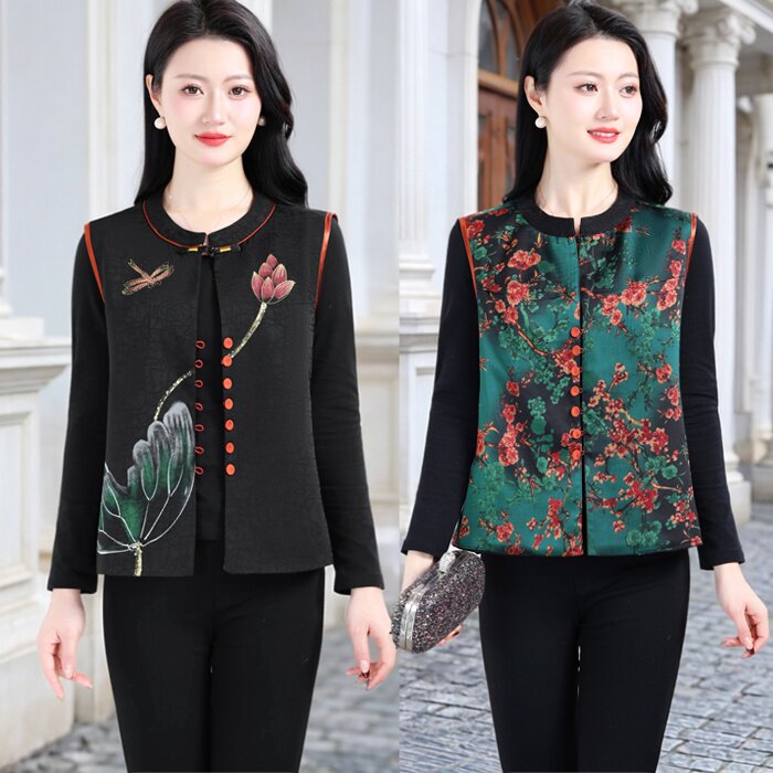 妈妈装双面穿马甲中国风复古马夹大码薄坎肩民族风新中式唐装坎肩