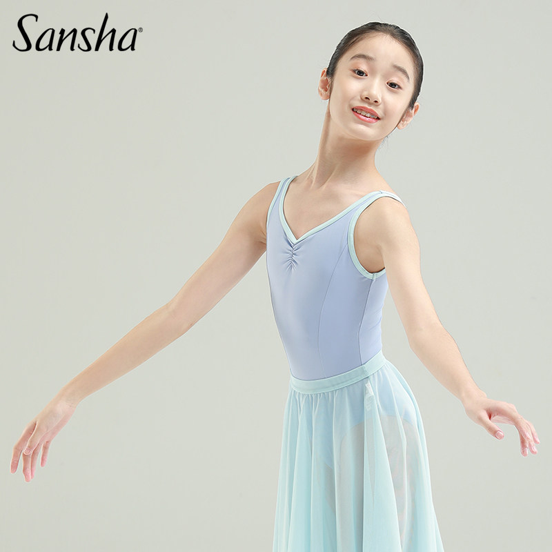 正品Sansha三沙芭蕾舞服装少女撞色吊带连体服儿童冰丝舞蹈练功服