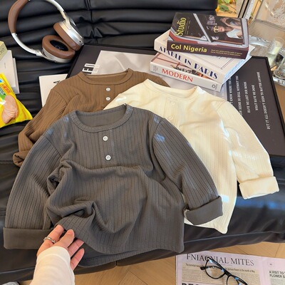 儿童新款德绒打底衫纯色男女童低领打底衫宝宝女童秋季条纹内搭