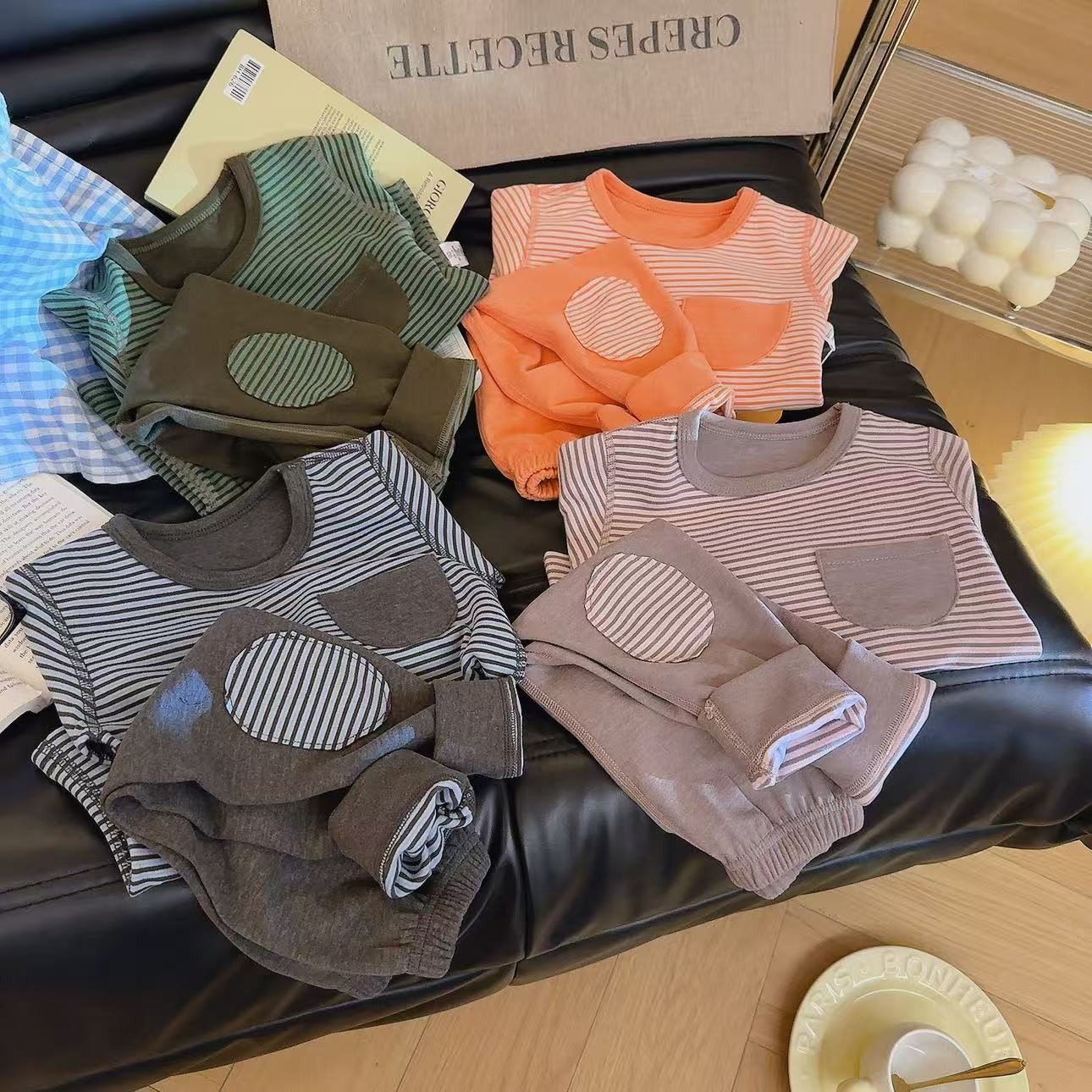 儿童新款加厚德绒内衣套装秋冬新款条纹男童女童睡衣中小童家居服