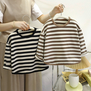 儿童秋季打底衫新款男童保暖德绒条纹长袖T恤女童打底衣童装