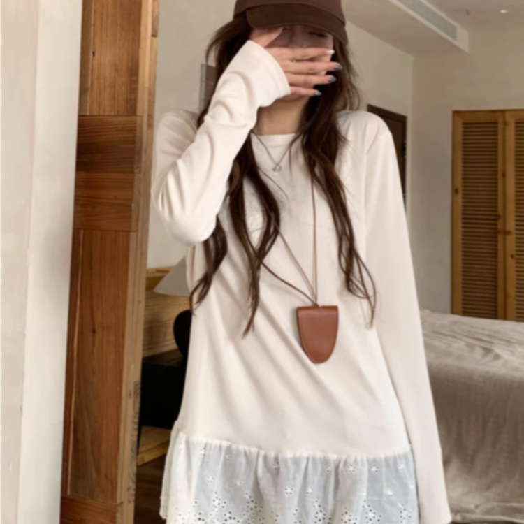 大码蕾丝下摆保暖德绒长袖打底衫T恤女秋冬季内搭中长款显瘦上衣