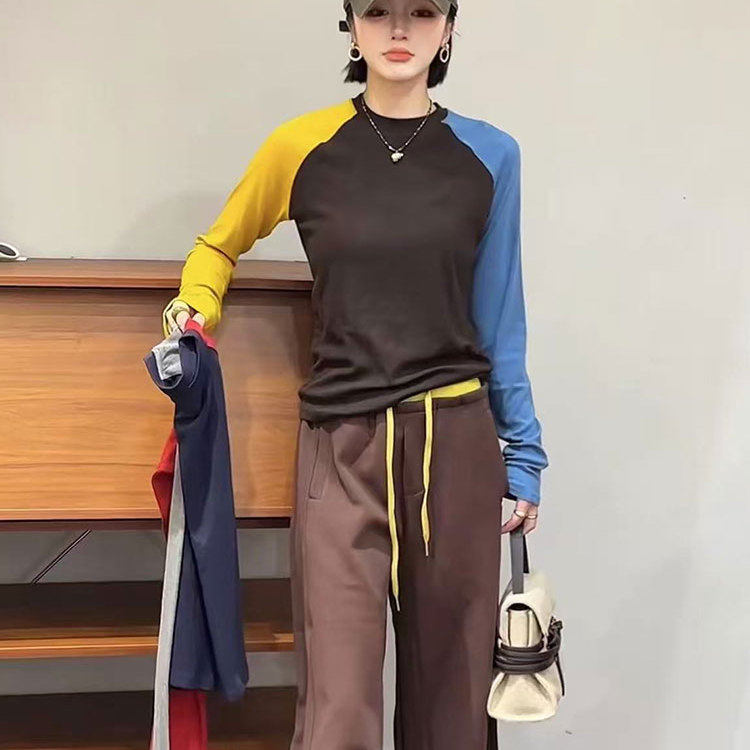 秋季常规拼接撞色修身假两件T恤常规款时尚长袖休闲百搭女装上衣