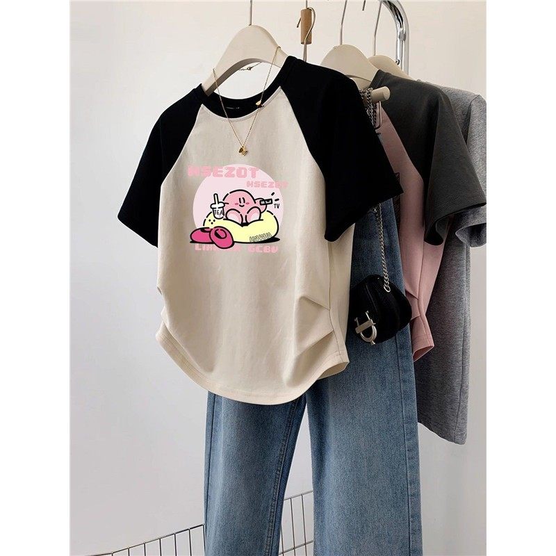 插肩袖卡通图案圆领短袖t恤女夏季2025新款褶皱收腰显瘦辣妹上衣